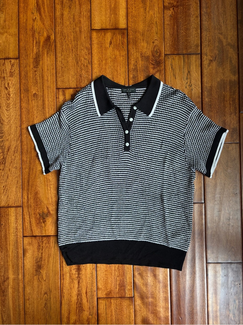 rag & bone Black & White Short-Sleeve Polo Sweater women’s